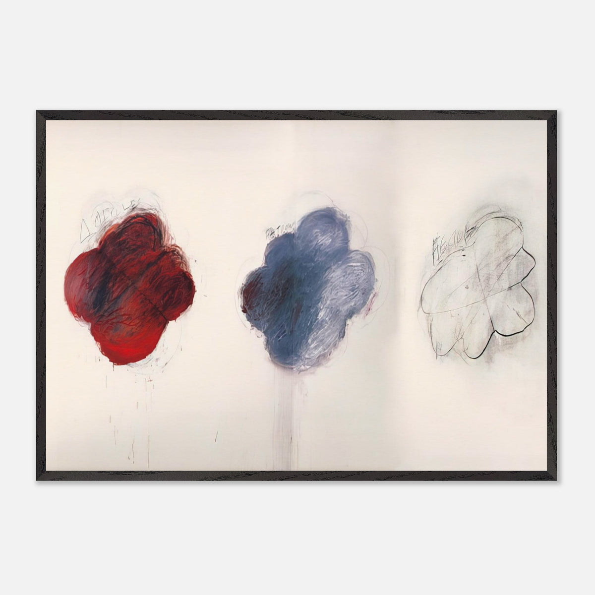Fifty Days at Iliam: Shades of Achilles, Patroclus, and Hector by Cy Twombly framed art print; featuring three large, cloud-like forms arranged horizontally against a luminous ivory background.