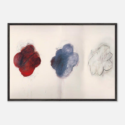Fifty Days at Iliam: Shades of Achilles, Patroclus, and Hector by Cy Twombly framed art print; featuring three large, cloud-like forms arranged horizontally against a luminous ivory background.