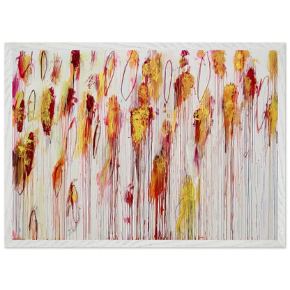 Lepanto, Part VIII by Cy Twombly framed art print; featuring vivid golden-yellow and orange brushstrokes, deep crimson and burgundy accents, delicate pink marks; size A1 (59.4 × 84.1 cm); white frame.