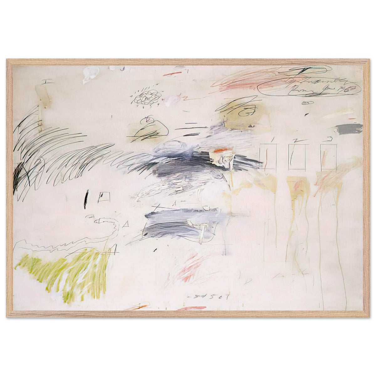 Untitled, Rome by Cy Twombly framed art print; featuring a warm ivory background layered with spontaneous black and charcoal lines, delicate pencil-like gestures; size 50 × 70 cm (20 × 28 in); black frame.