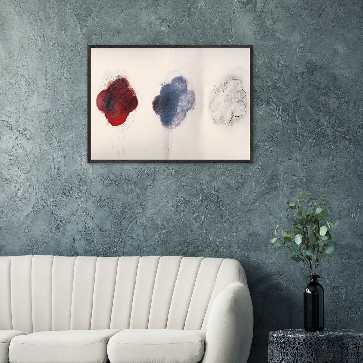 Fifty Days at Iliam: Shades of Achilles, Patroclus, and Hector by Cy Twombly framed art print; featuring three large, cloud-like forms arranged horizontally against a luminous ivory background.