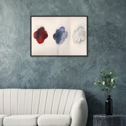 Fifty Days at Iliam: Shades of Achilles, Patroclus, and Hector by Cy Twombly framed art print; featuring three large, cloud-like forms arranged horizontally against a luminous ivory background.
