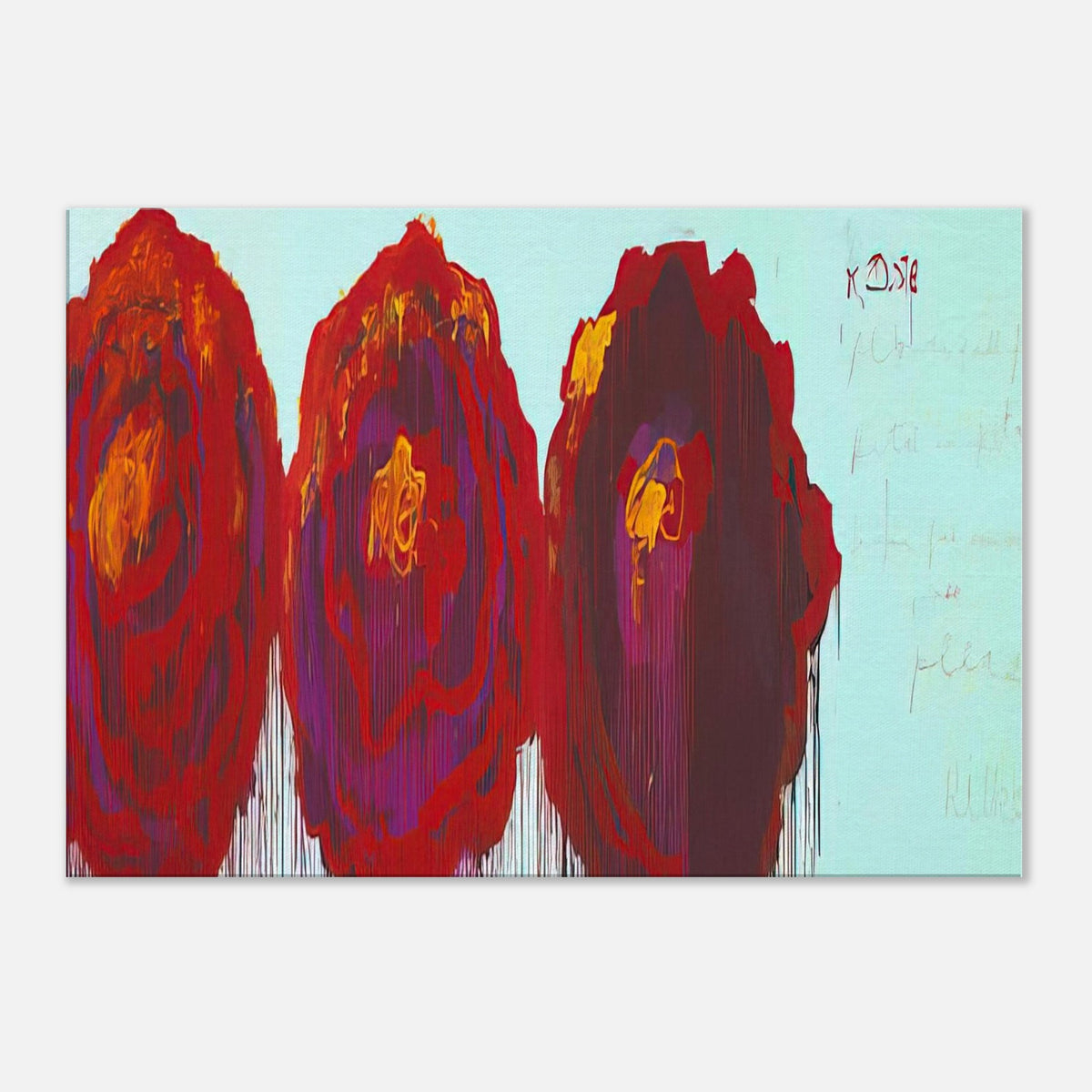 The Rose (IV) by Cy Twombly canvas print: This striking composition features three large, rose-inspired forms in vivid crimson, red, orange, yellow….
