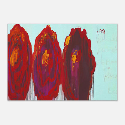 The Rose (IV) by Cy Twombly canvas print: This striking composition features three large, rose-inspired forms in vivid crimson, red, orange, yellow….