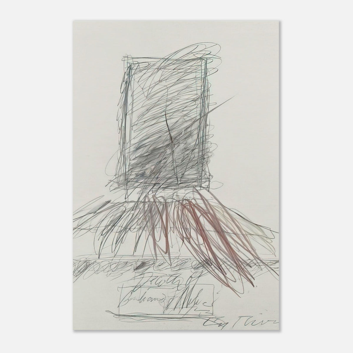 Untitled Abstract Drawing by Cy Twombly, poster; overlapping graphite lines, spontaneous scribbles, and sweeping gestures in subtle shades of gray, black, and muted reddish brown
