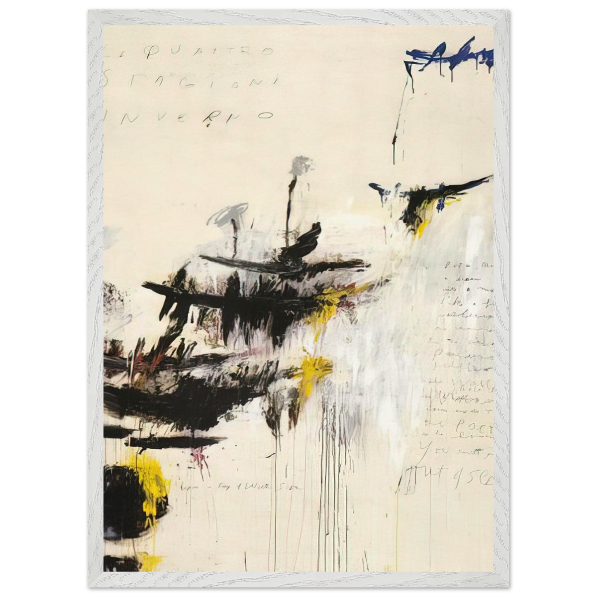Quattro Stagioni I. Inverno by Cy Twombly, framed art print, bold black brushstrokes, flowing paint drips, 70x100 cm (28x40 in), wood frame