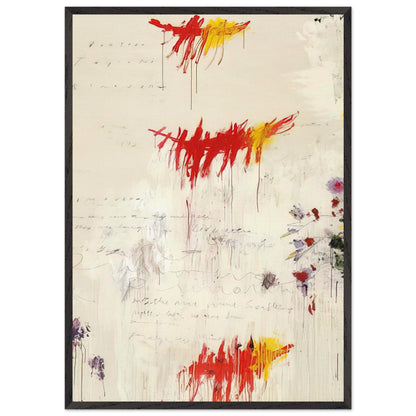 Quattro Stagioni I. Primavera by Cy Twombly, framed art print, energetic red and yellow brushstrokes, subtle purple and green details, 27x35 cm (11x14 in), white frame