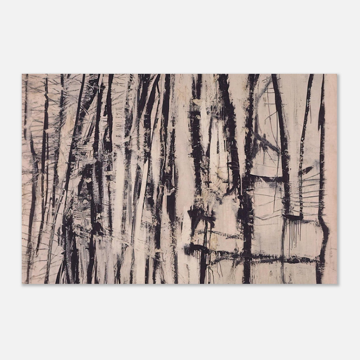Quarzazat by Cy Twombly poster: This atmospheric composition features a dense arrangement of vertical black and dark brown marks against….