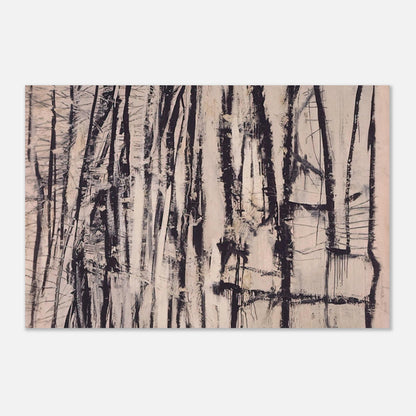 Quarzazat by Cy Twombly poster: This atmospheric composition features a dense arrangement of vertical black and dark brown marks against….