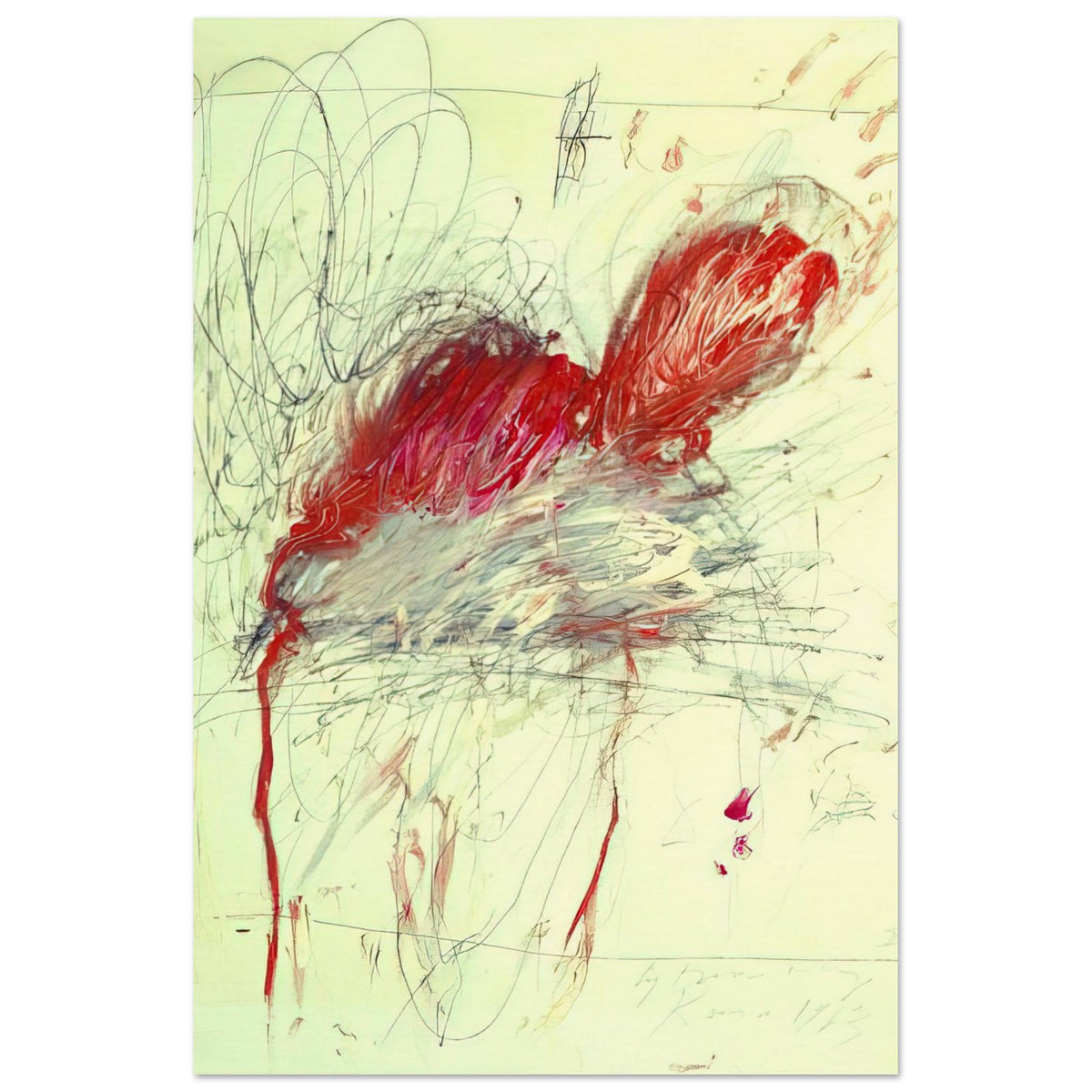 Fifty Days at Iliam: Shades of Achilles, Patroclus, and Hector by Cy Twombly, poster, 20x25 cm / 8x10″; sweeping red and crimson brushstrokes, delicate pink accents