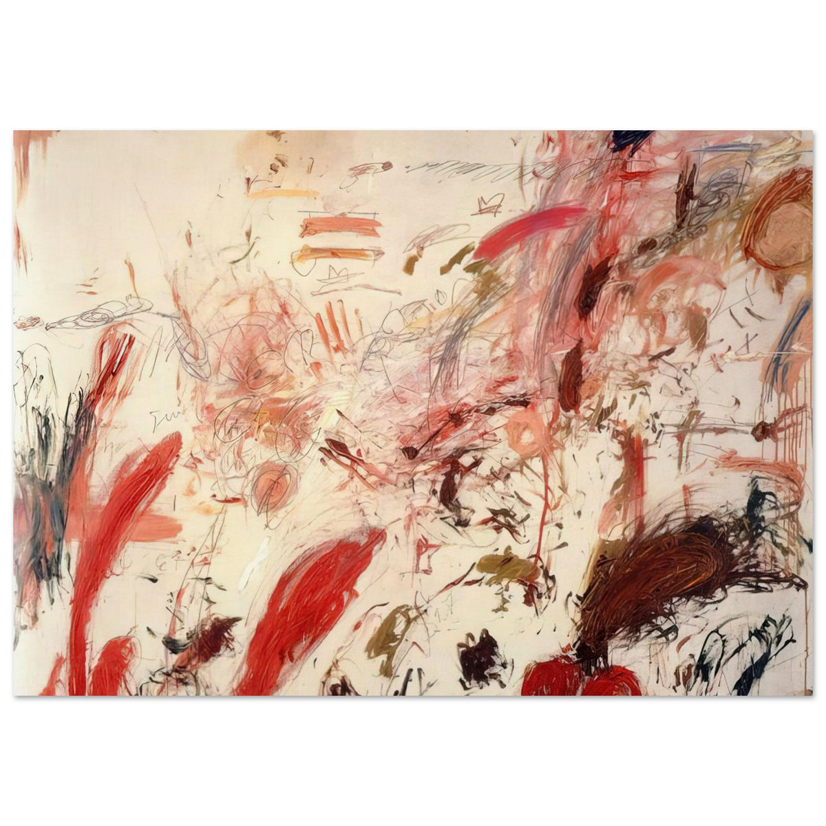 Ferragosto IV by Cy Twombly poster, 50 × 70 cm / 20 × 28 in: This expressive composition features a warm cream background layered with energetic red, pink, orange….