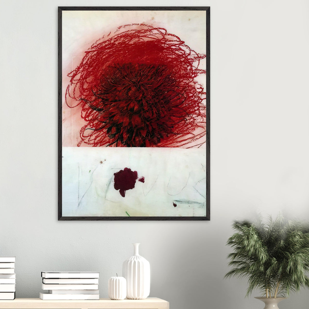 Pan II by Cy Twombly, framed art print, dense red and crimson form, surrounded by sweeping dark strokes and