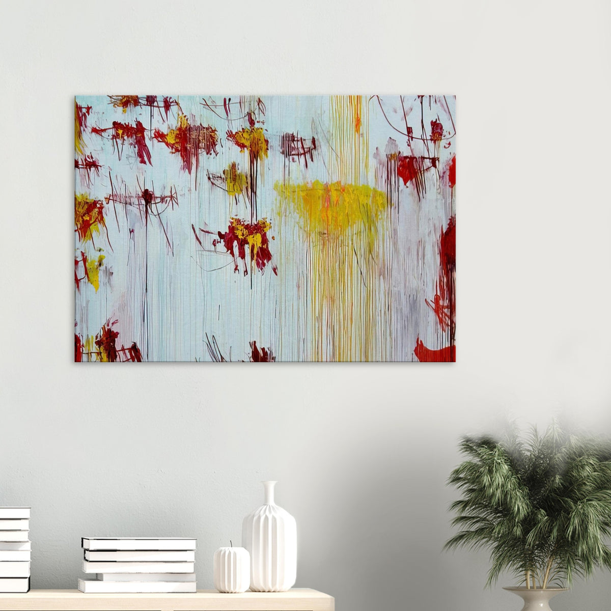 Lepanto, Part X by Cy Twombly canvas print: This striking composition features a pale blue background layered with vivid yellow, golden ochre, orange….