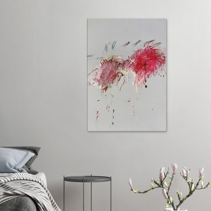 Nicola's Irises by Cy Twombly, canvas print; sweeping red and crimson brushstrokes, delicate pink accents, cool blue details, and dark gestural lines against a pale background