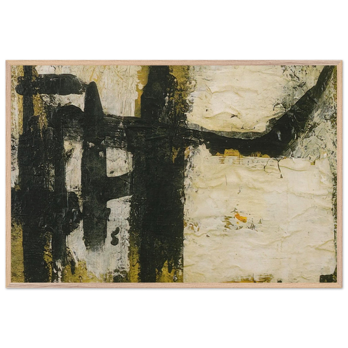 Landscape by Cy Twombly framed art print; featuring bold black and charcoal forms, textured ivory and cream surfaces, and subtle accents of ochre, olive green; size A1 (59.4 × 84.1 cm); black frame.