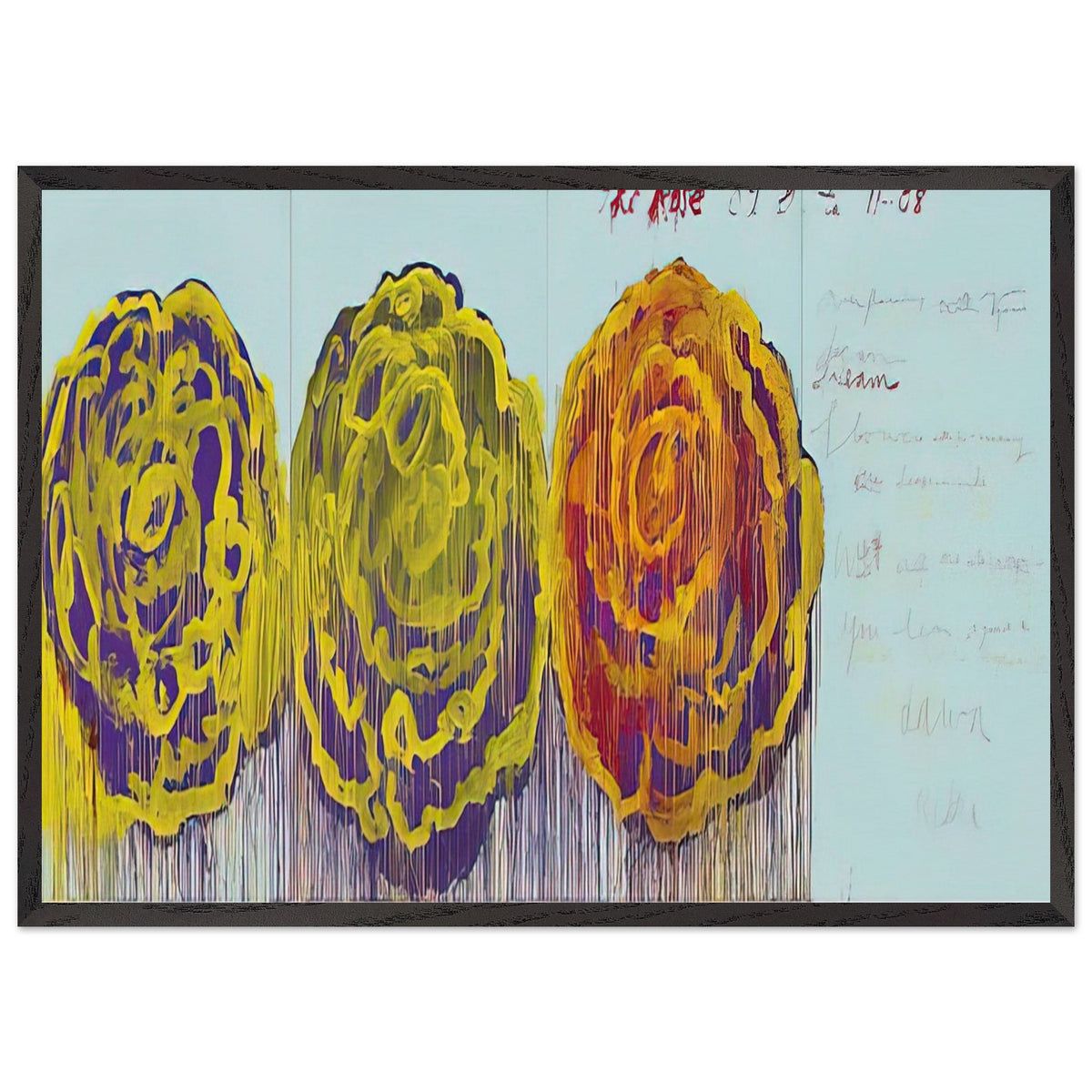 The Rose (III) by Cy Twombly framed art print; featuring three oversized rose-like forms in vivid golden yellow, fiery orange, rich magenta; size A1 (59.4 × 84.1 cm); white frame.