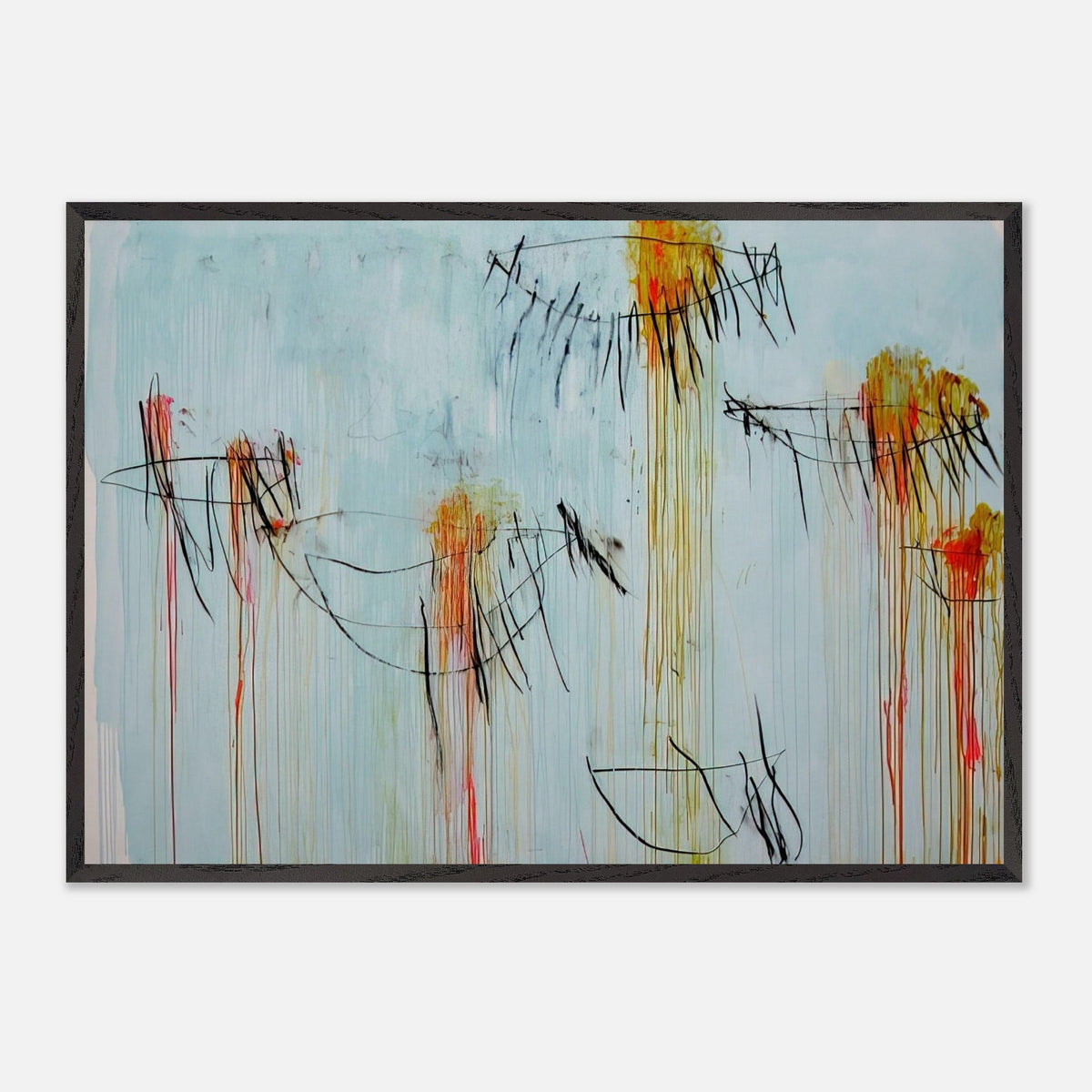 Lepanto, Part II by Cy Twombly framed art print; featuring a luminous turquoise-blue background, energetic black gestural lines, and vivid accents of yellow, orange.