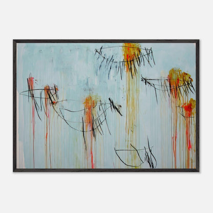 Lepanto, Part II by Cy Twombly framed art print; featuring a luminous turquoise-blue background, energetic black gestural lines, and vivid accents of yellow, orange.