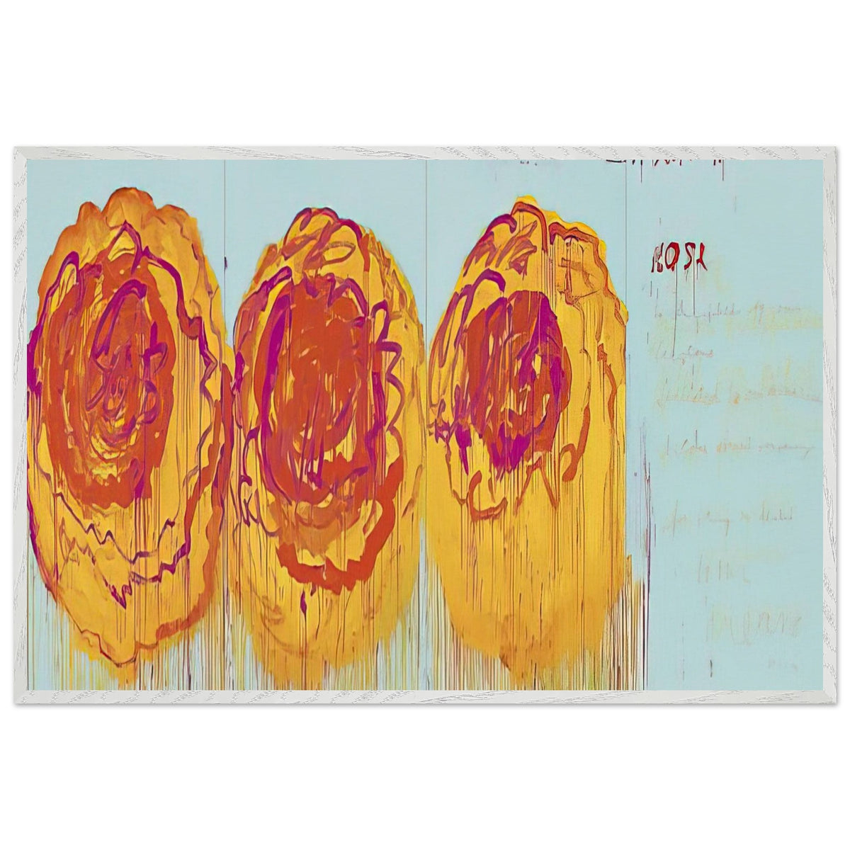 The Rose (I) by Cy Twombly framed art print; featuring three large, abstract rose forms painted in radiant golden yellow, fiery orange, deep red; size A1 (59.4 × 84.1 cm); wood frame.