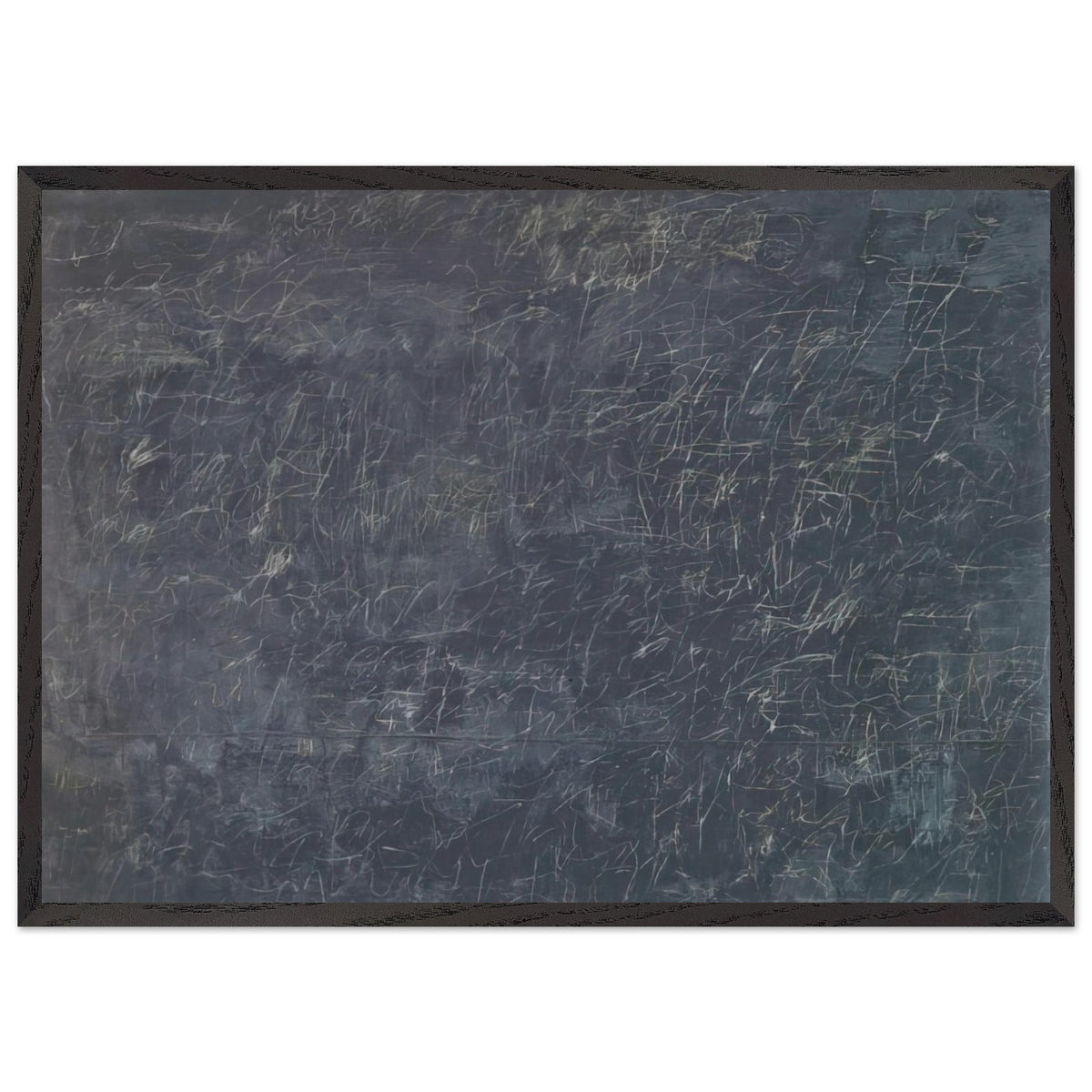 Panorama by Cy Twombly framed art print; featuring a deep charcoal-gray background covered with intricate white and pale-gray scribbles, intersecting lines; size 70 × 100 cm (28 × 40 in); white frame.