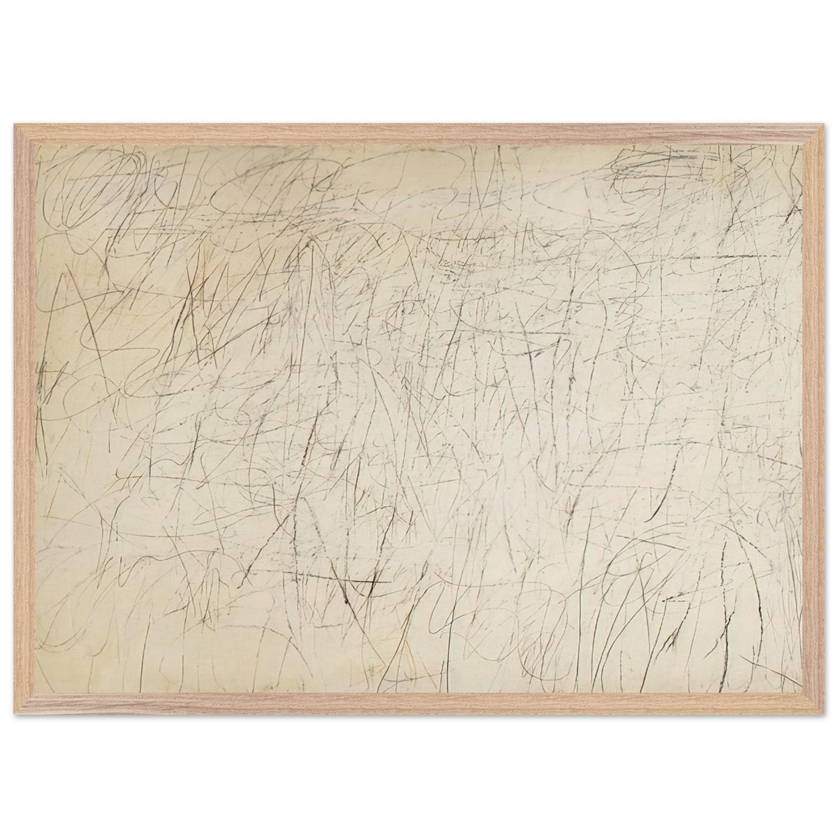 The Geeks by Cy Twombly framed art print; featuring an ivory and warm beige background covered with delicate pencil-like scribbles, intersecting lines; size 60 × 90 cm (24 × 36 in); wood frame.