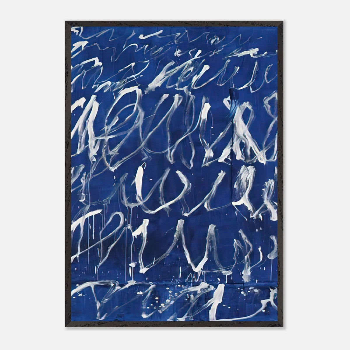 Untitled by Cy Twombly, framed art print, deep blue ground covered with energetic white brushstrokes, looping