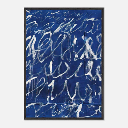 Untitled by Cy Twombly, framed art print, deep blue ground covered with energetic white brushstrokes, looping