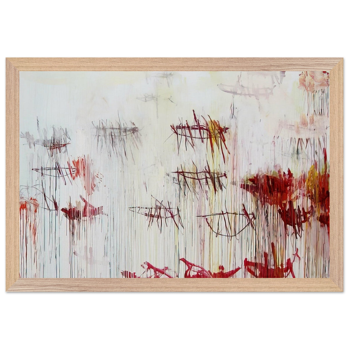 Lepanto, Part IX by Cy Twombly framed art print; featuring a luminous pale blue and ivory background, energetic crimson and burgundy marks, delicate yellow accents; size 28 × 43 cm (11 × 17 in); black frame.