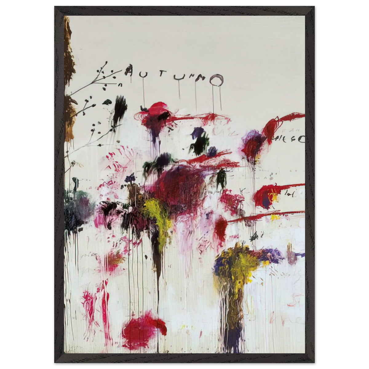 Quattro Stagioni II. Autunno by Cy Twombly, framed art print, bold red and crimson brushstrokes, rich purple and burgundy accents, 50x70 cm (20x28 in), black frame