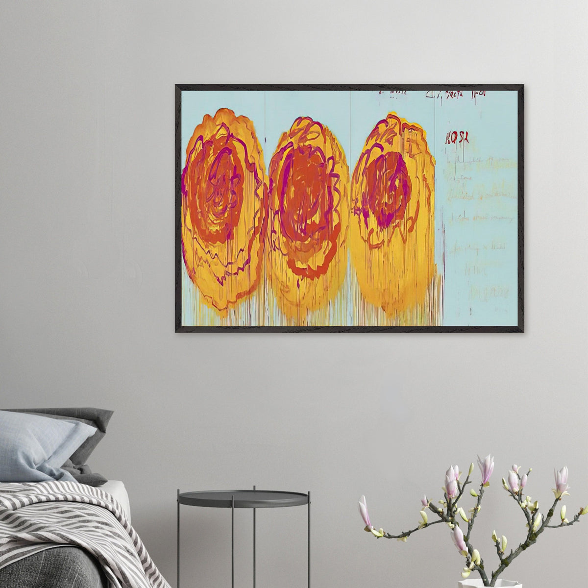 The Rose (I) by Cy Twombly framed art print; featuring three large, abstract rose forms painted in radiant golden yellow, fiery orange, deep red.