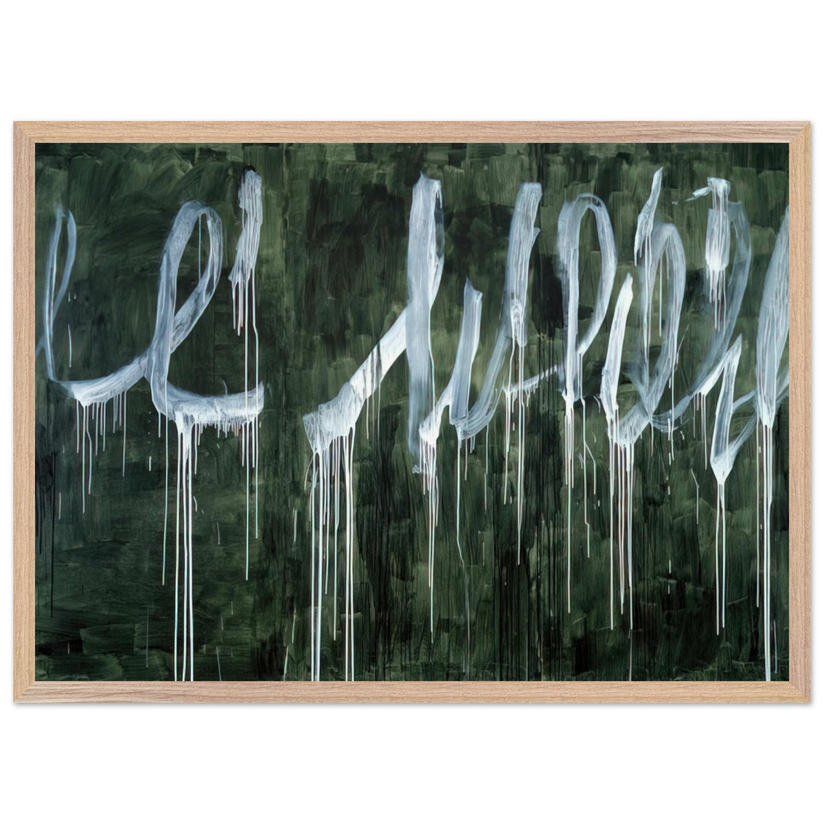 III Notes from Salalah (Note I) by Cy Twombly framed art print; featuring expressive white looping strokes and elongated paint drips against a rich, dark green background; size 50 × 70 cm (20 × 28 in); white frame.