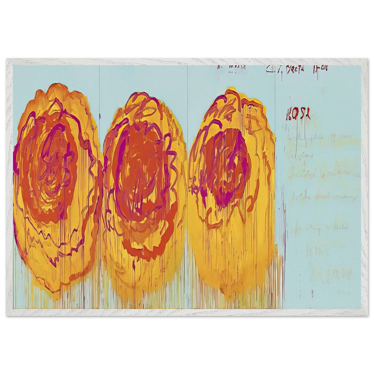 The Rose (I) by Cy Twombly framed art print; featuring three large, abstract rose forms painted in radiant golden yellow, fiery orange, deep red; size 70 × 100 cm (28 × 40 in); white frame.