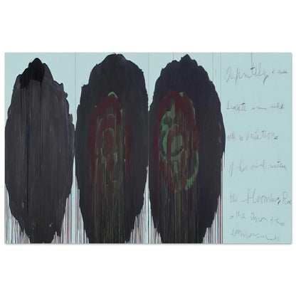The Rose (V) by Cy Twombly poster, 100 × 150 cm / 40 × 60 in: This expressive composition features three large, rose-inspired forms dominated by deep black, burgundy….