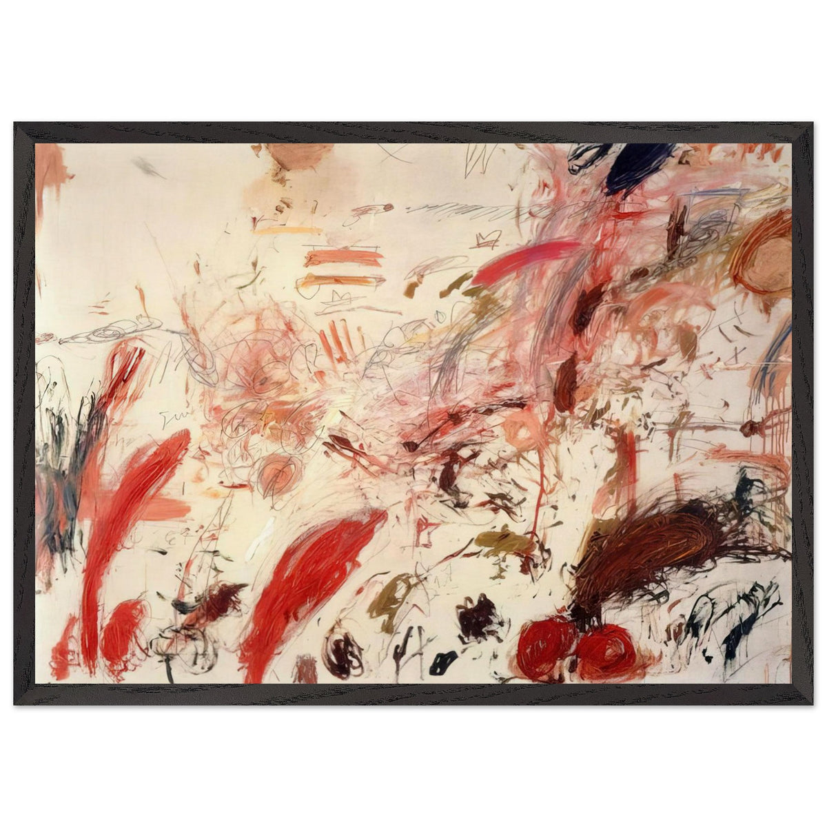 Ferragosto IV by Cy Twombly framed art print; featuring energetic red and pink brushstrokes, sweeping lines, layered marks, and contrasting accents of orange, brown; size 800 × 1200 mm (32 × 48 in); black frame.