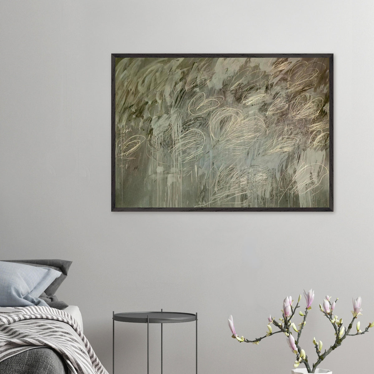 III Notes from Salalah (Note II) by Cy Twombly framed art print; featuring intricate ivory and pale gray looping lines across a richly layered background of muted olive green, gray.