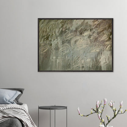 III Notes from Salalah (Note II) by Cy Twombly framed art print; featuring intricate ivory and pale gray looping lines across a richly layered background of muted olive green, gray.