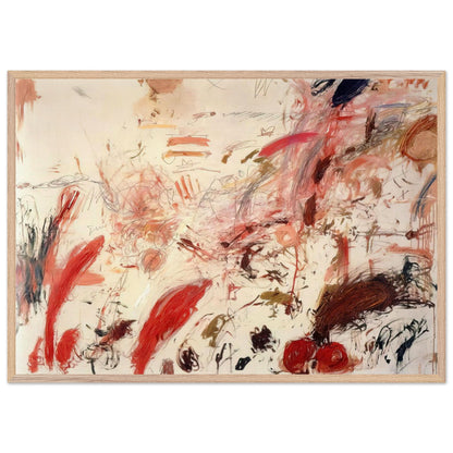 Ferragosto IV by Cy Twombly framed art print; featuring energetic red and pink brushstrokes, sweeping lines, layered marks, and contrasting accents of orange, brown; size 70 × 100 cm (28 × 40 in); wood frame.