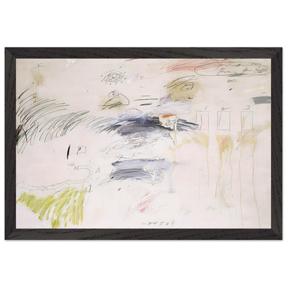 Untitled, Rome by Cy Twombly framed art print; featuring a warm ivory background layered with spontaneous black and charcoal lines, delicate pencil-like gestures; size 30 × 45 cm (12 × 18 in); black frame.