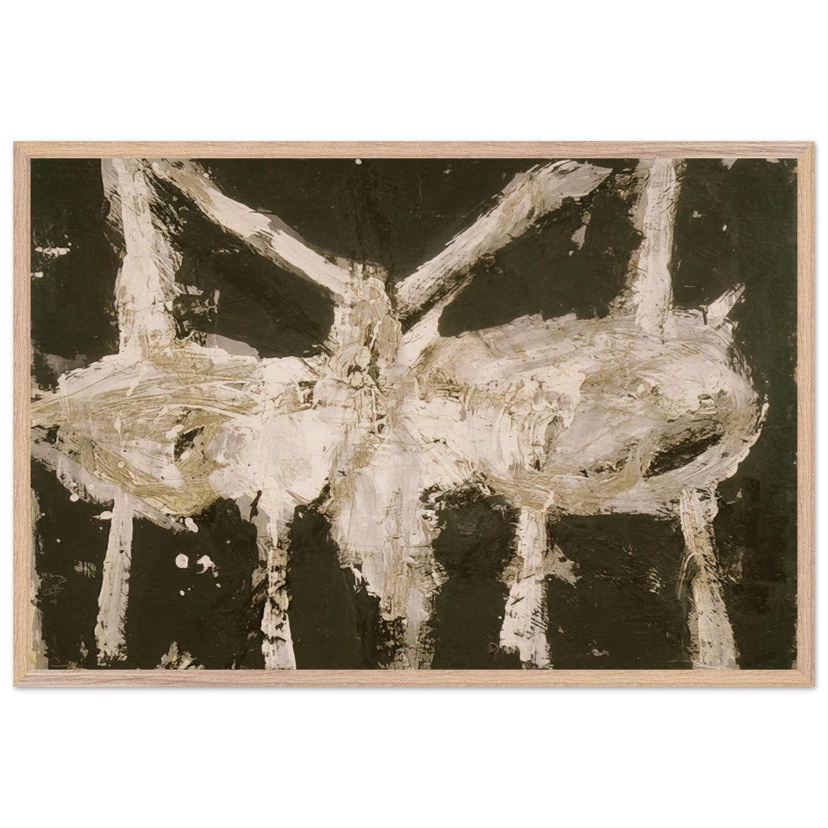 Min-Oe by Cy Twombly framed art print; featuring bold black and deep olive tones contrasted with expressive ivory and cream forms; size 70 × 100 cm (28 × 40 in); wood frame.