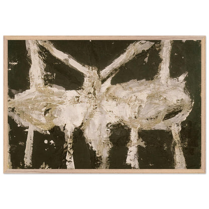 Min-Oe by Cy Twombly framed art print; featuring bold black and deep olive tones contrasted with expressive ivory and cream forms; size 70 × 100 cm (28 × 40 in); wood frame.