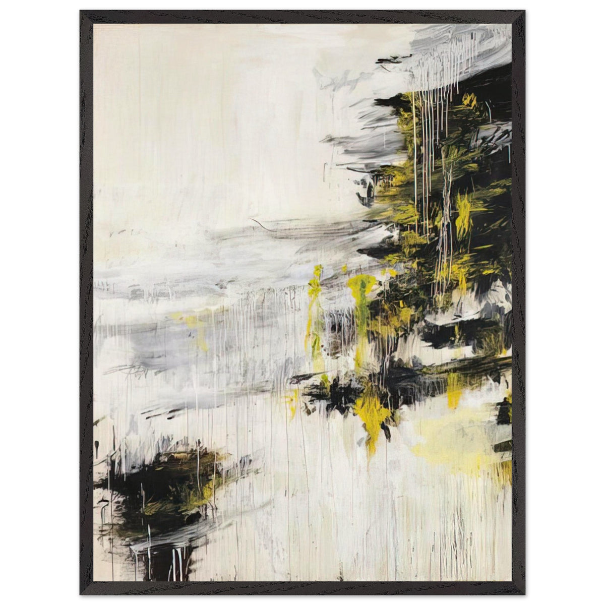 Quattro Stagioni II. Inverno by Cy Twombly, framed art print, bold black brushstrokes, flowing white and gray paint, 70x100 cm (28x40 in), black frame