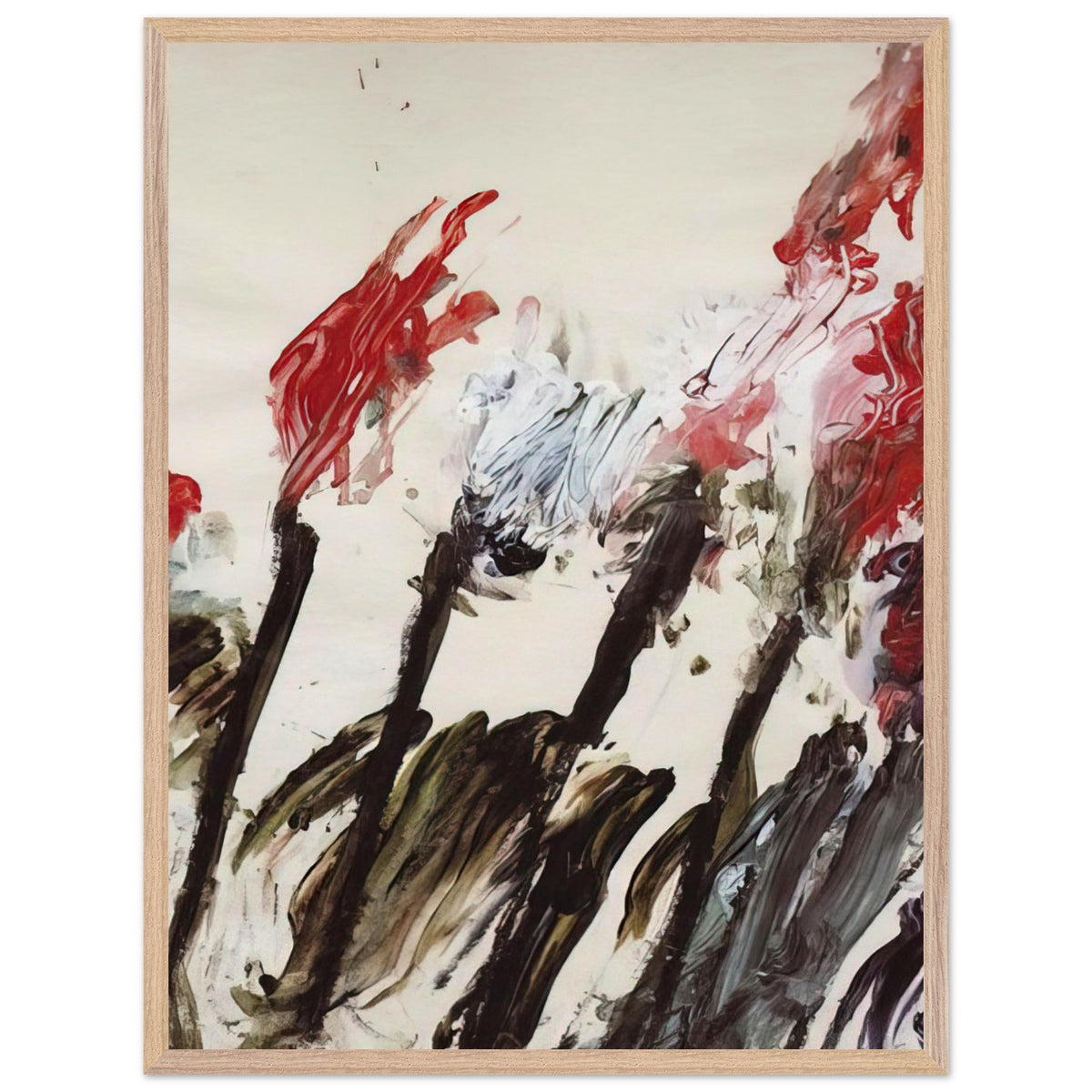 Nicola's Irises by Cy Twombly, framed art print, 70x100 cm / 28x40″, Black frame; sweeping red and crimson brushstrokes, delicate pink accents, cool blue details