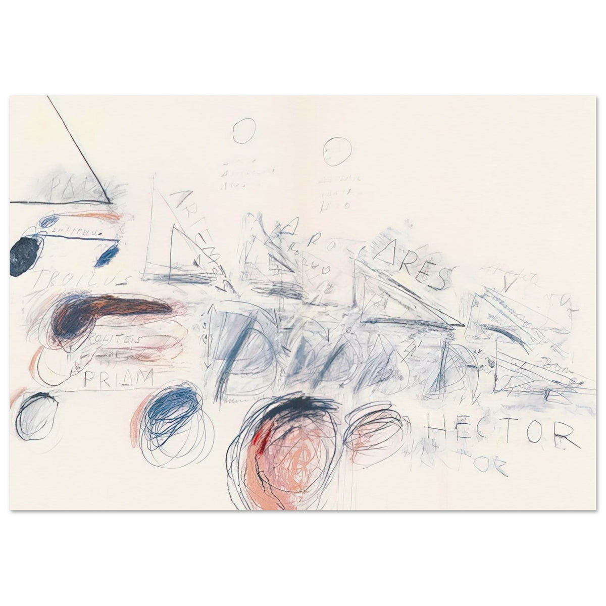 Fifty Days at Iliam: Ilians in Battle by Cy Twombly poster, 50 × 70 cm / 20 × 28 in: This striking composition combines energetic red brushstrokes, delicate graphite-like lines….