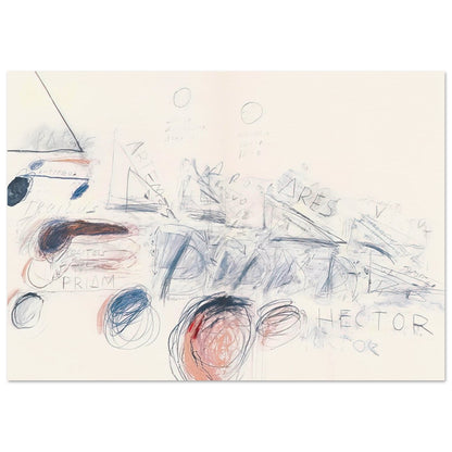 Fifty Days at Iliam: Ilians in Battle by Cy Twombly poster, 50 × 70 cm / 20 × 28 in: This striking composition combines energetic red brushstrokes, delicate graphite-like lines….