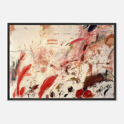 Ferragosto IV by Cy Twombly framed art print; featuring energetic red and pink brushstrokes, sweeping lines, layered marks, and contrasting accents of orange, brown.
