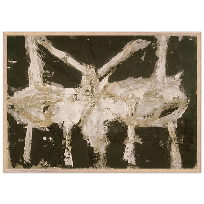 Min-Oe by Cy Twombly framed art print; featuring bold black and deep olive tones contrasted with expressive ivory and cream forms; size 60 × 90 cm (24 × 36 in); black frame.