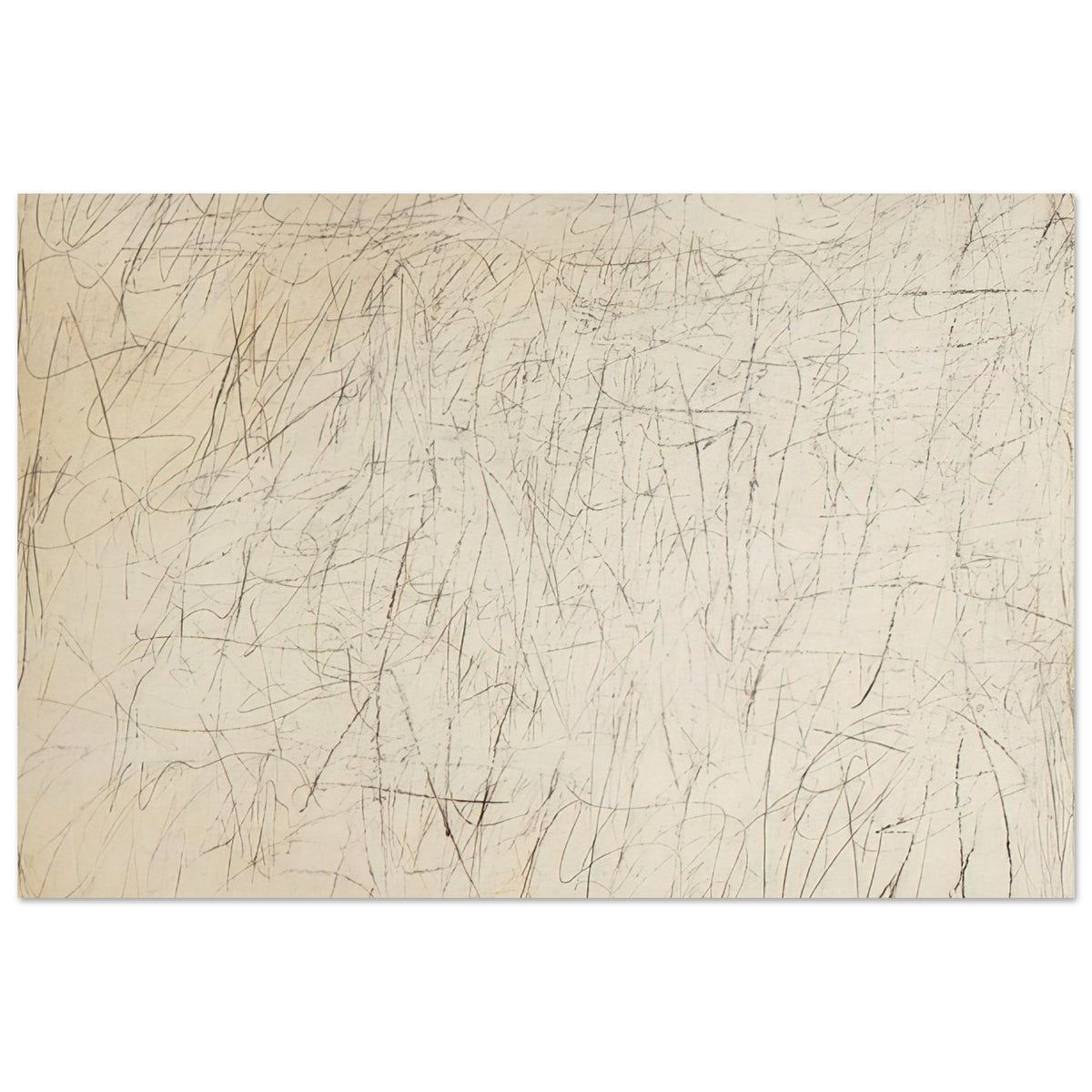 The Geeks by Cy Twombly poster, 75 × 100 cm / 30 × 40 in: This expressive composition features a warm ivory background covered with an intricate network….