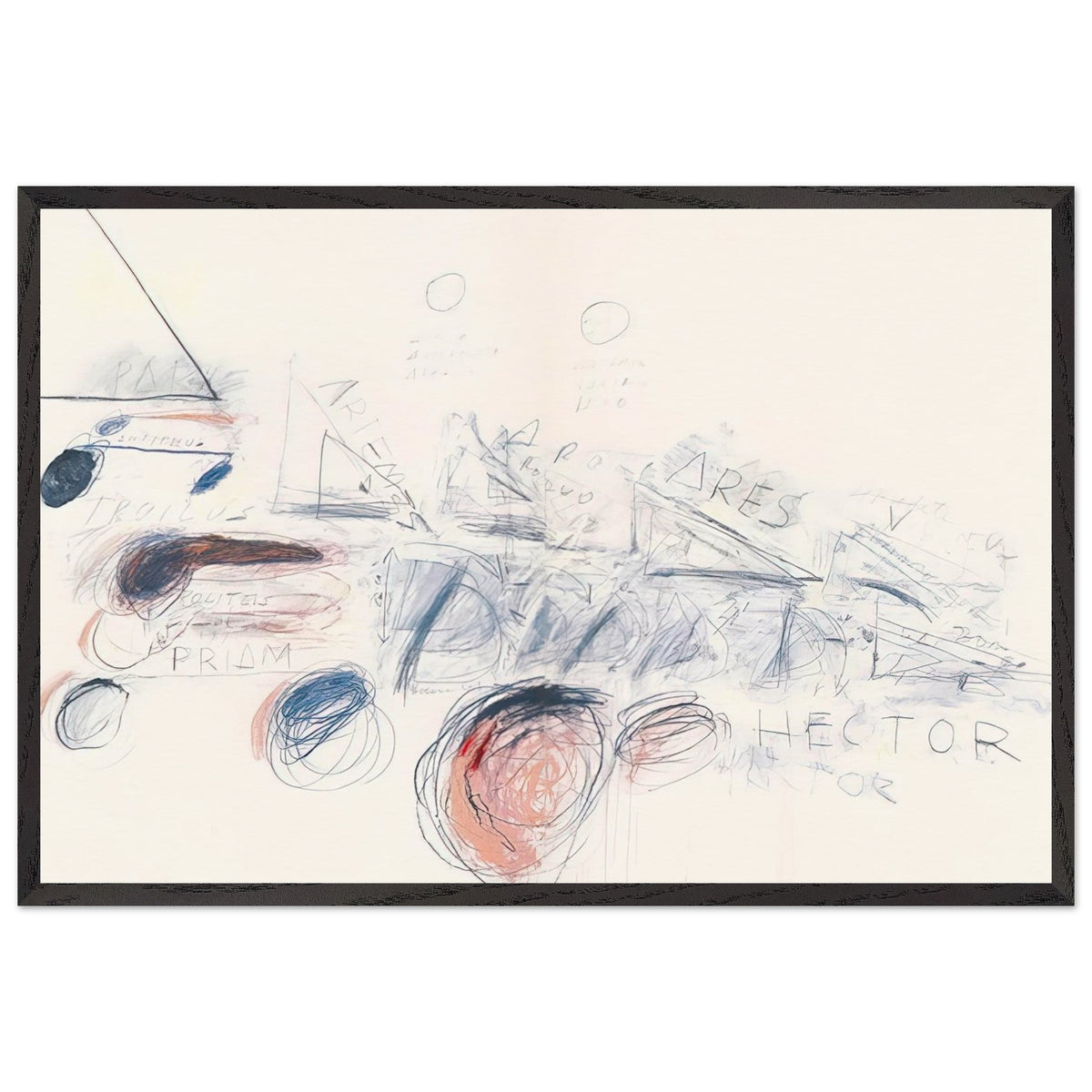 Fifty Days at Iliam: Ilians in Battle by Cy Twombly framed art print; featuring delicate blue-gray lines, energetic red marks, overlapping geometric shapes; size 60 × 90 cm (24 × 36 in); white frame.
