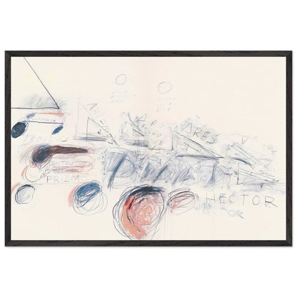 Fifty Days at Iliam: Ilians in Battle by Cy Twombly framed art print; featuring delicate blue-gray lines, energetic red marks, overlapping geometric shapes; size 60 × 90 cm (24 × 36 in); white frame.