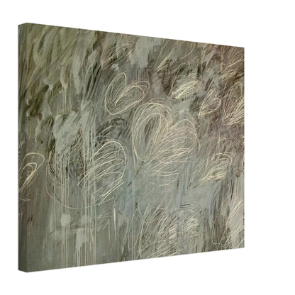 III Notes from Salalah (Note II) by Cy Twombly canvas print, 70 × 100 cm / 28 × 40 in: a layered gray-green background covered with sweeping ivory loops, delicate pale lines….